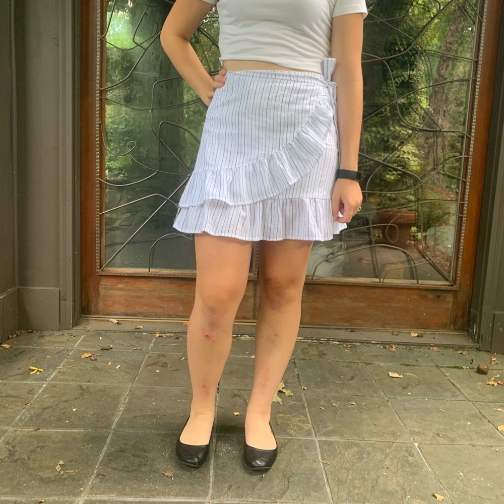 Lily rain, blue and white striped wrap tie skirt